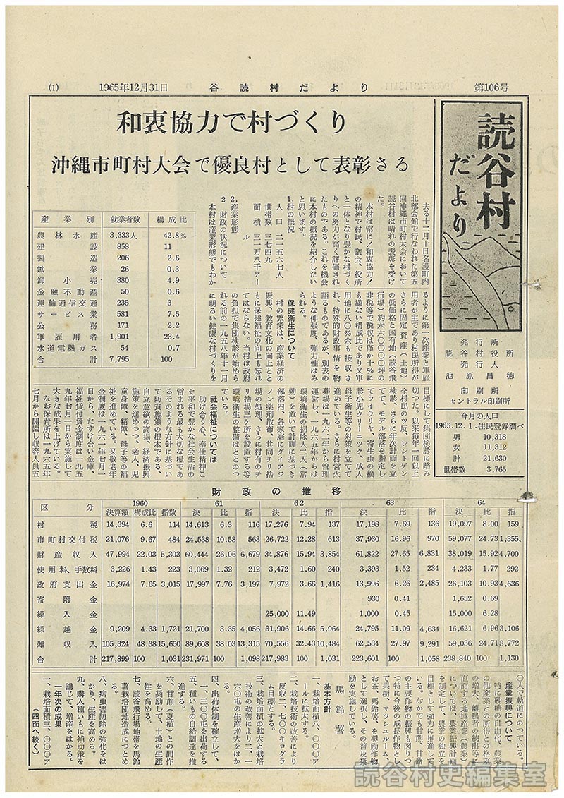 和衷協力でむらづくり　沖縄市町村大会で優良村として表彰さる　