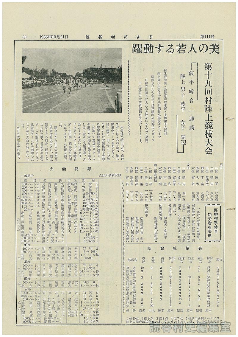 躍動する若人の美　第十九回村陸上競技大会　
優秀選手体育功労者を表彰