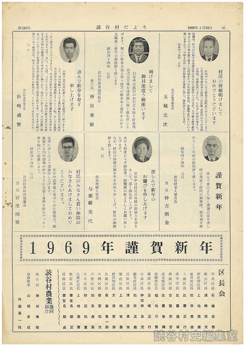 1969年謹賀新年
読谷区教育委員長
読谷村農業協同組合長
読谷村体育協会長
読谷村老人連合会
読谷村婦人会長
読谷村青年団協議会
区長会
読谷村農業協同組合