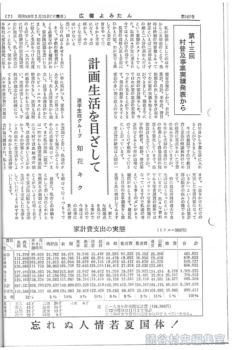 第十三回村普及事業実績発表から　計画生活を目ざして　波平生改グループ　知花キク