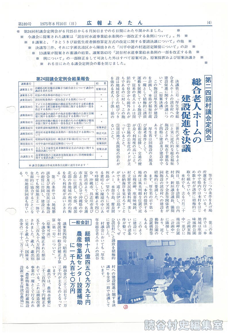 第二四回村議会定例会　総合老人ホームの建設促進を決議　
第24回議会定例会結果報告　
一般会計　総額十八億四五〇九万九千円農産物集配センター設置補助に一千九百七〇万円