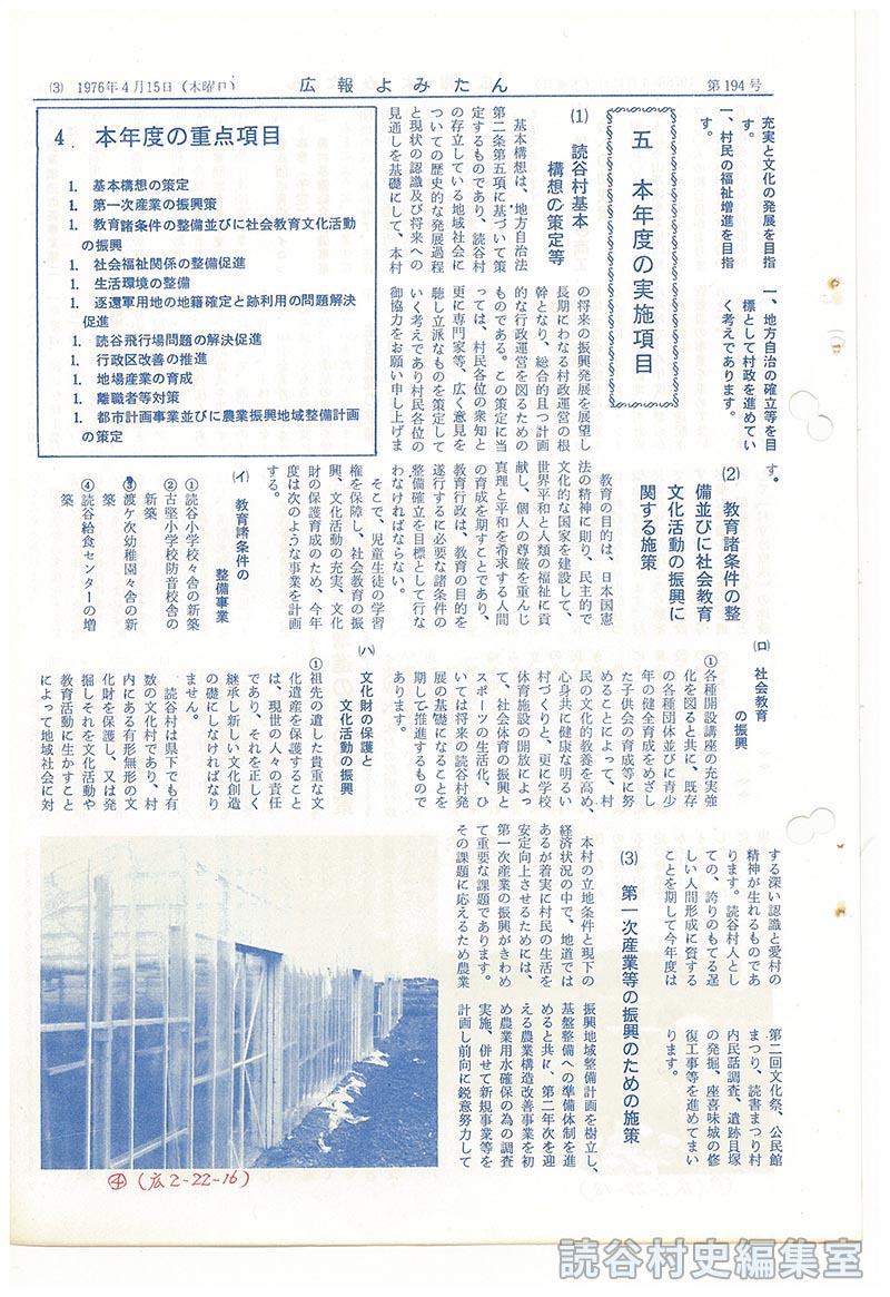 昭和51年度施政方針
経済生活の向上・安定を目指し　第一次産業の振興等を重要施策に　村長　山内徳信
４．本年度の重点目標
五　本年度の実施項目