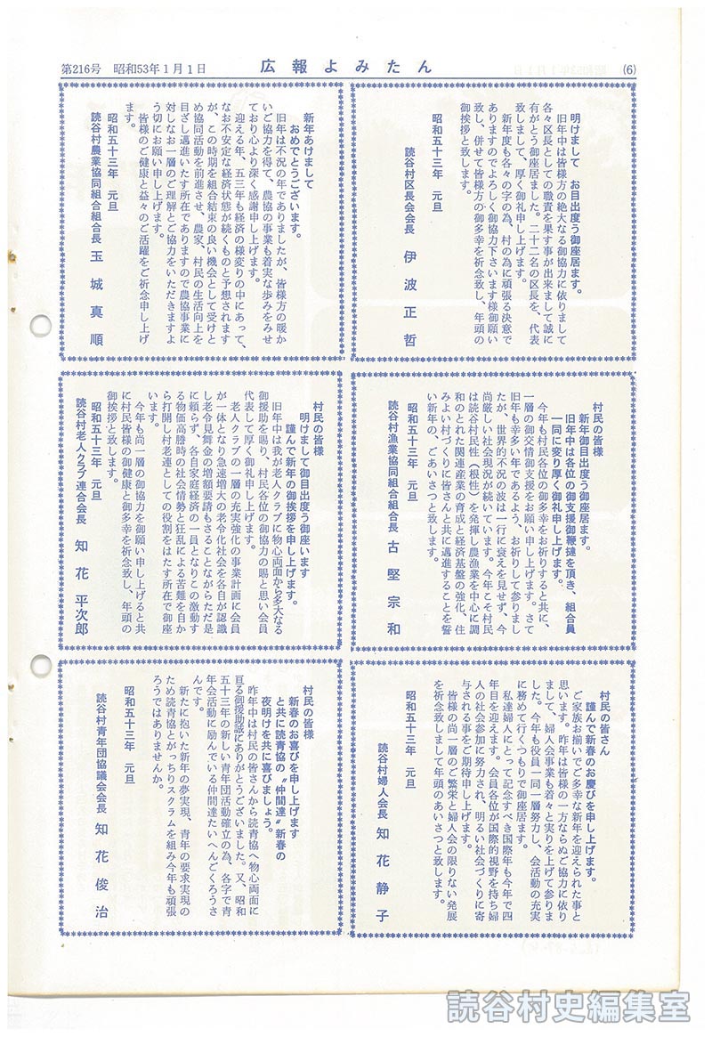 読谷村区長会会長　伊波正哲
読谷村農業協同組合組合長　玉城真順
読谷村漁業協同組合組合長　古堅宗和
読谷村老人クラブ連合会会長　知花平次郎
読谷村婦人会長　知花静子
読谷村青年団協議会会長　知花俊治