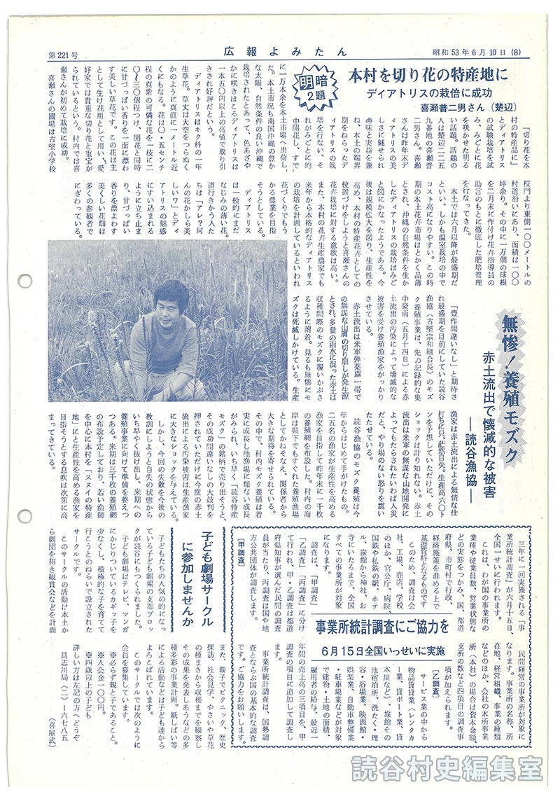 明暗2題　本村を切り花の特産地に　デイアトリスの栽培に成功　喜瀬普二男さん（楚辺）