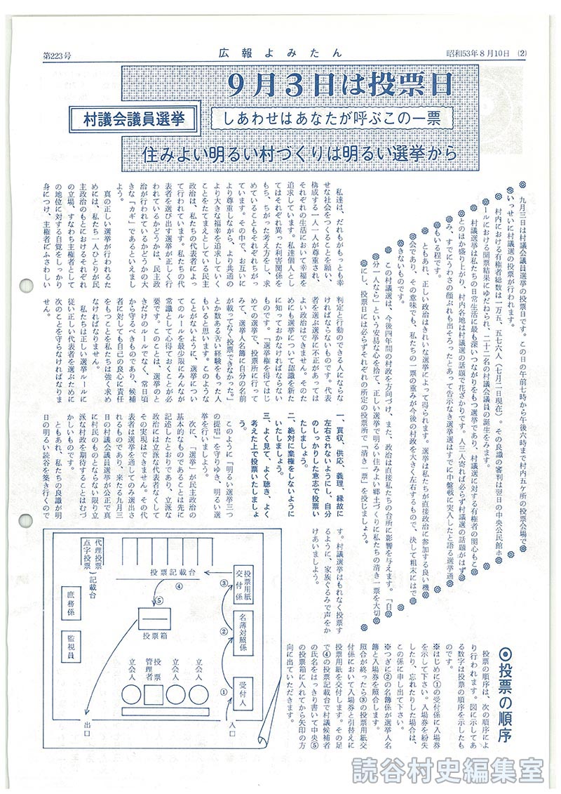 9月3日は投票日　村議会議員選挙　しあわせはあなたが呼ぶこの一票　住みよい明るい村づくり明るい選挙から
◎投票の順序