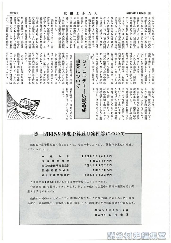 人間として生きぬき平和にくらすために　4たび声高く内外に「平和宣言」
4本年度の実施事項
(10)国民体育大会へ向けての取り組み
(11)コミュニーティー広場造成事業について
(12)昭和59年度予算及び案件等について