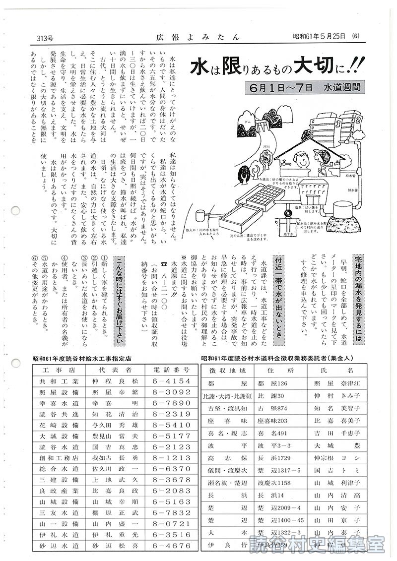 水は限りあるもの大切に！！6月1～7日水道週間
昭和61年度読谷村水道料金徴収業務委託者（集金人）
読谷村給水工事指定店
