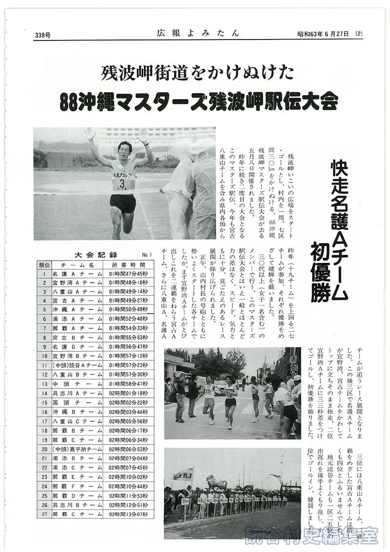 残波岬街道をかけぬけた　88沖縄マスターズ残波岬駅伝大会　快走名護Ａチーム初優勝
【写真】