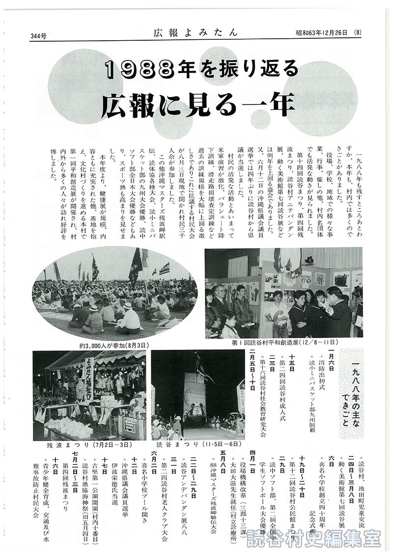 1988年を振り返る広報に見る一年
【写真：第1回読谷村平和創造展12月8日～11日：約3、000人が参加（8月3日）：読谷まつり(11月5、6日)：残波まつり(7月2日、3日)：動く美術館(2月24日～3月8日)：喜名小プール開き(6月2日)：池田町読谷村児童交流(8月1日～5日)：読子連運動会(7月24日)：健康づくり村民のつどい（9月10日、11日)：村陸上大会(10月9日)：青年エイサーまつり(9月11日)：第8回陶器市（12月16日～18日)】