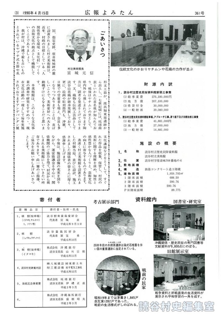 ごあいさつ　村立美術館館長　財源内訳　寄付者