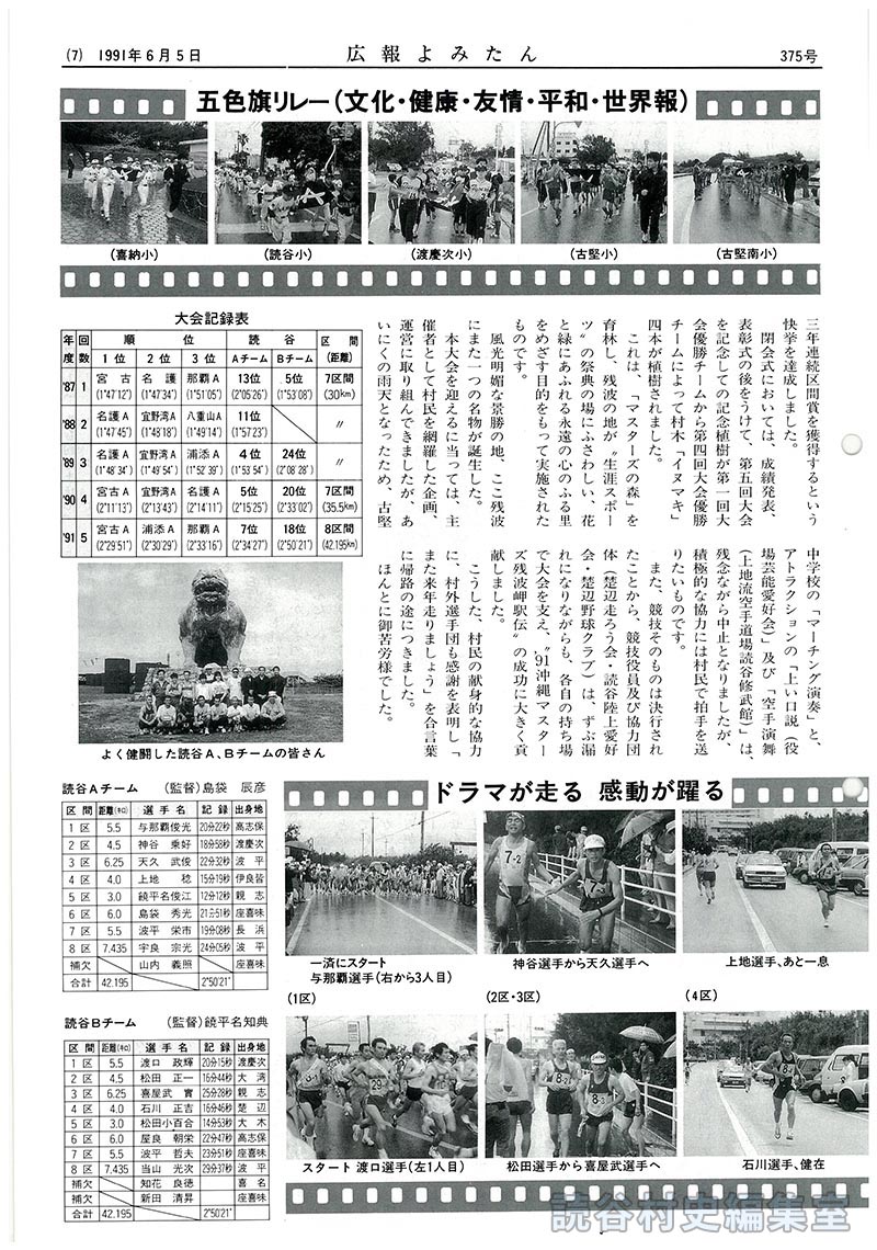 【見出し】91沖縄マスターズ残波岬駅伝大会読谷チーム健闘！　宇良宗光選手三年連続区間賞獲得　五色旗リレー（文化･健康･友情･平和･世果報）