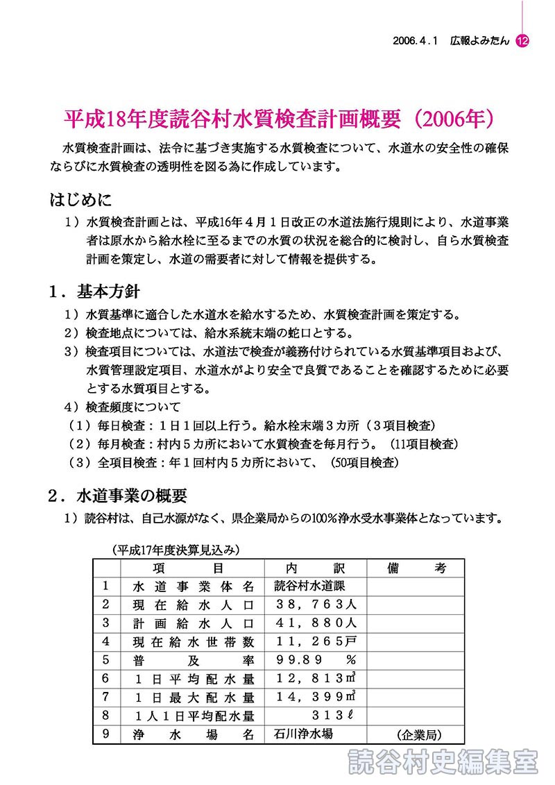 平成18年度読谷村水質検査計画概要（2006年）